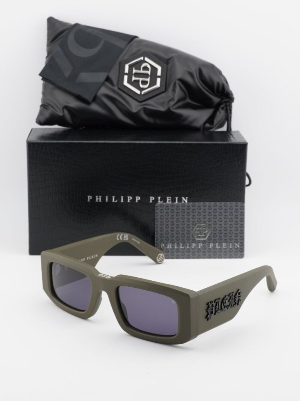 Philipp Plein SPP149 0C02 Unisex Sunglasses Green Rectangle Frame, Blue Lenses